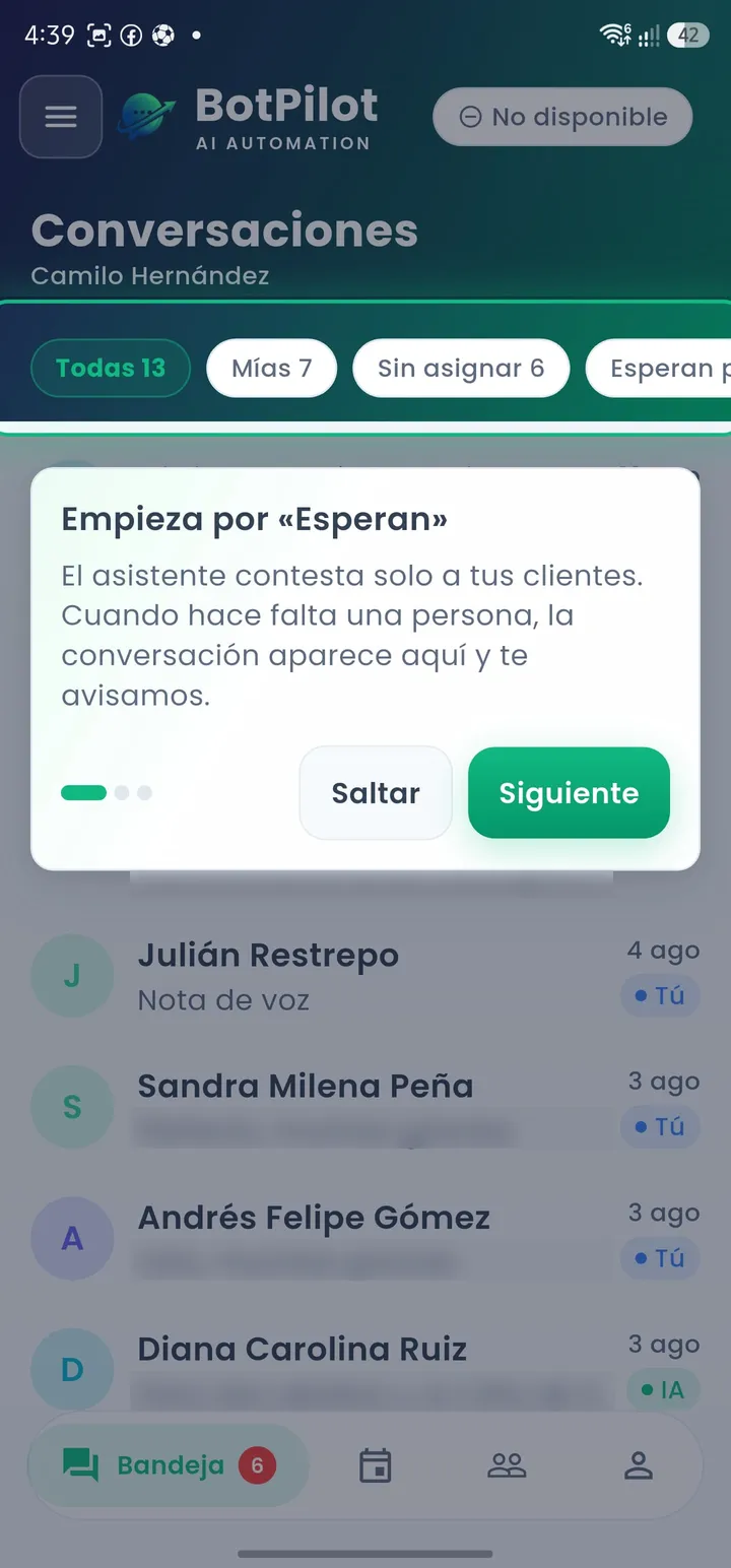 La aplicación de BotPilot mostrando una conversación abierta