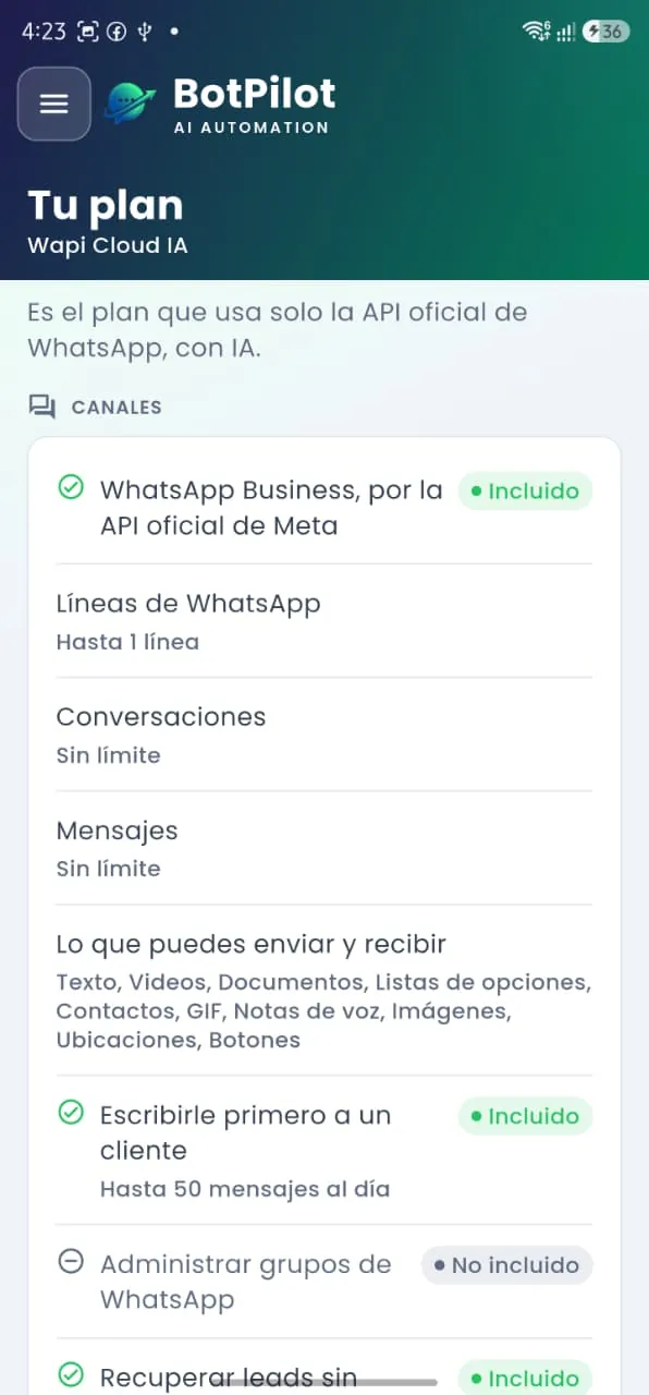La aplicación móvil de BotPilot mostrando el plan contratado y su consumo