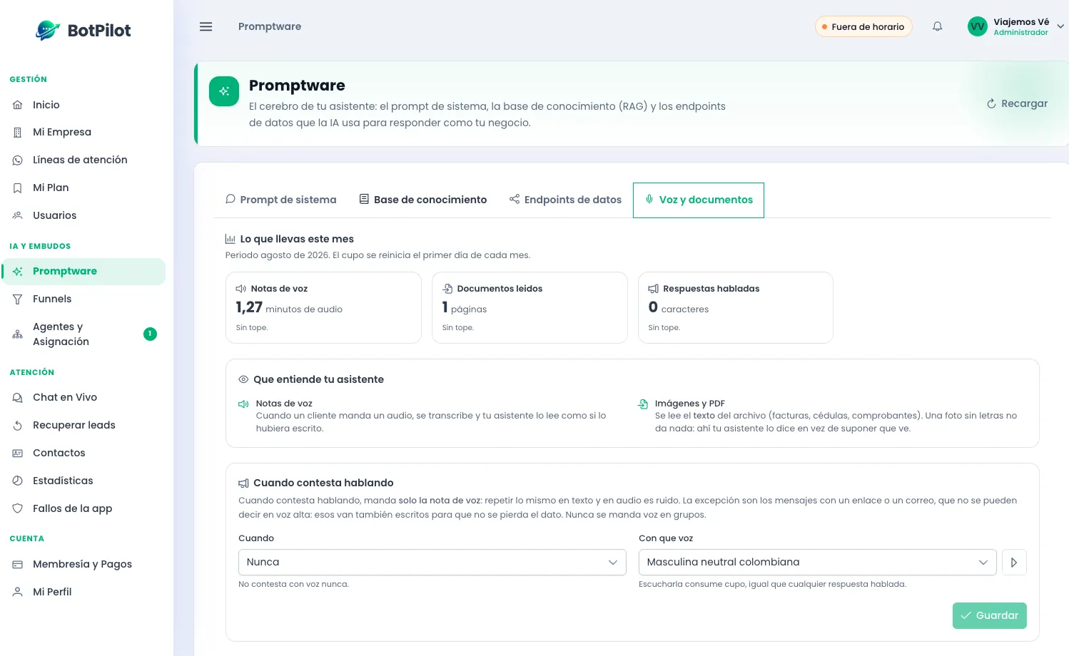 Pantalla del asistente de BotPilot con la base de conocimiento y los documentos del negocio