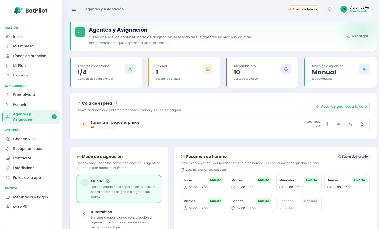 Pantalla de agentes y asignación de BotPilot con la cola de espera y el modo de reparto