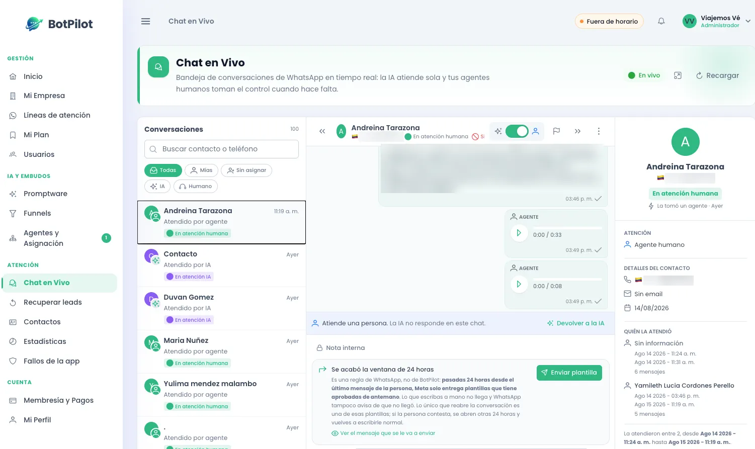 Pantalla de Chat en Vivo de BotPilot: la lista de conversaciones, el chat abierto y los datos del contacto