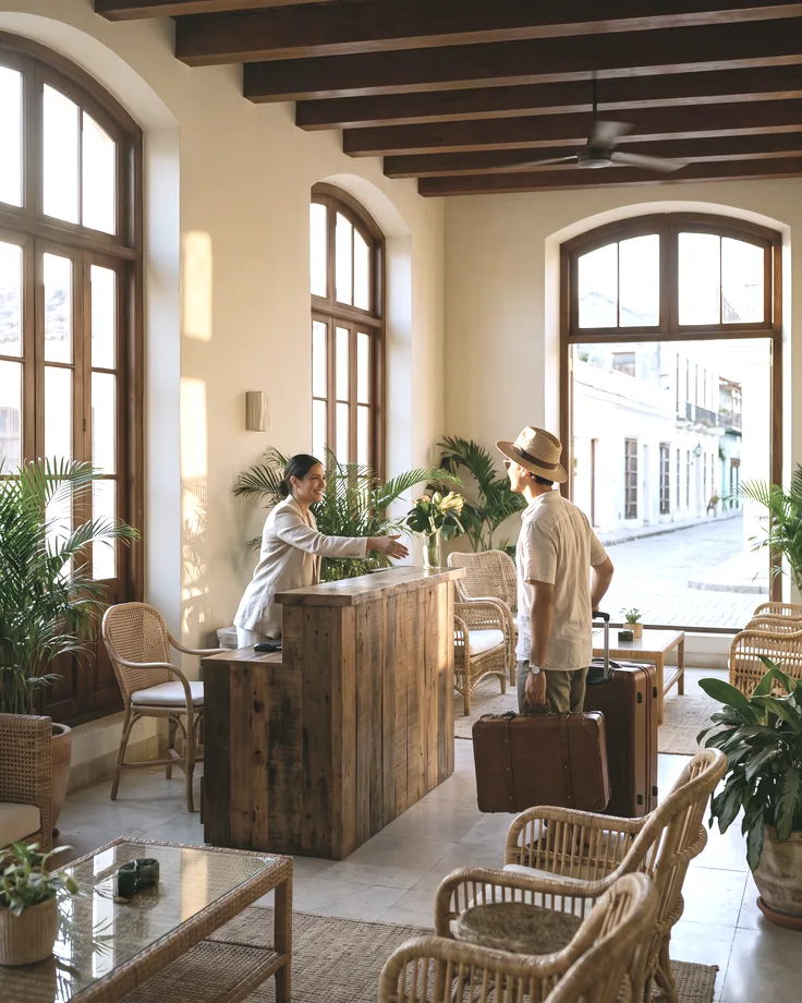 Negocio de hoteles atendiendo a sus clientes